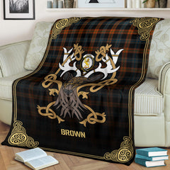 Brown Ancient Tartan Crest Premium Blanket - Celtic Stag style