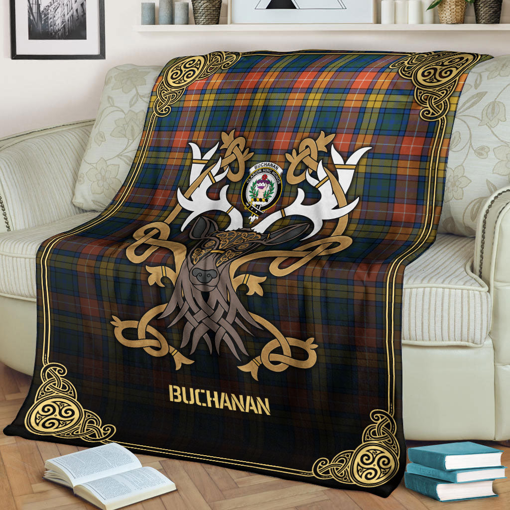 Buchanan Ancient Tartan Crest Premium Blanket - Celtic Stag style