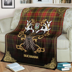 Buchanan Old Set Weathered Tartan Crest Premium Blanket - Celtic Stag style