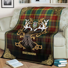 Buchanan Old Sett Tartan Crest Premium Blanket - Celtic Stag style