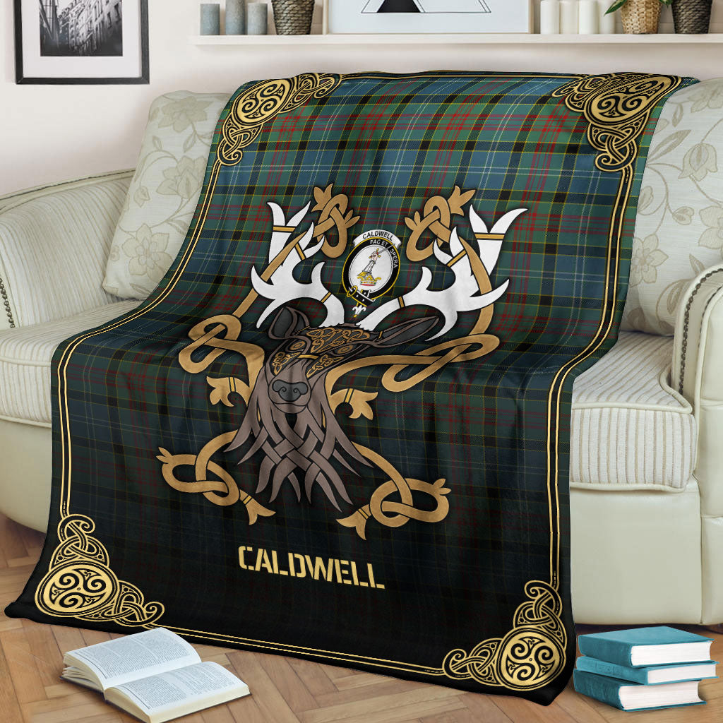 Caldwell Tartan Crest Premium Blanket - Celtic Stag style