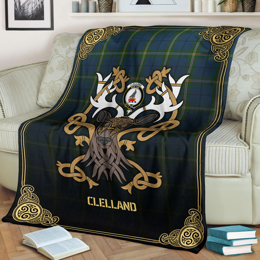 Clelland Tartan Crest Premium Blanket - Celtic Stag style