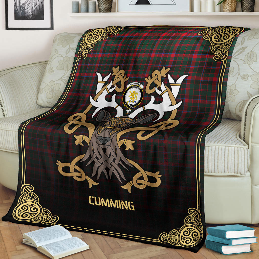 Cumming Hunting Modern Tartan Crest Premium Blanket - Celtic Stag style