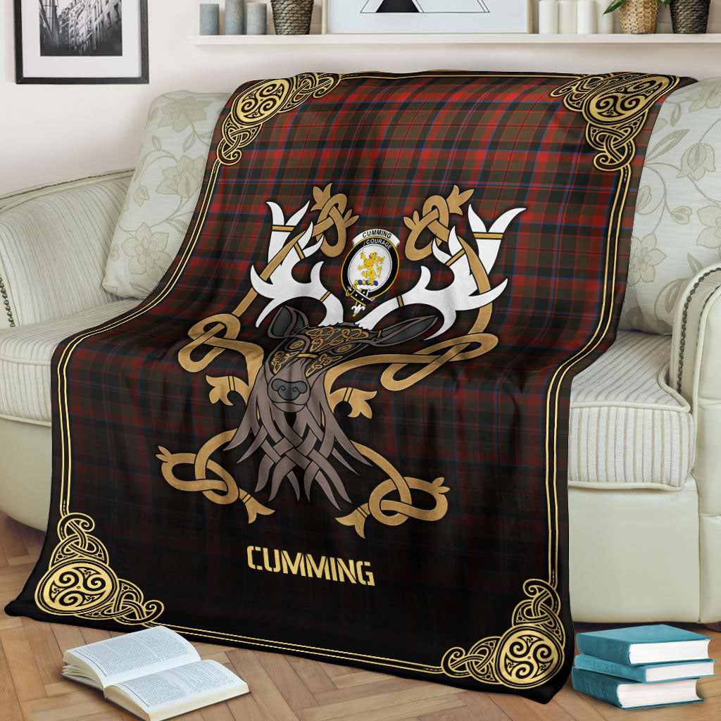 Cumming Hunting Weathered Tartan Crest Premium Blanket - Celtic Stag style