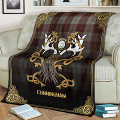 Cunningham Burgundy Dancers Tartan Crest Premium Blanket - Celtic Stag style