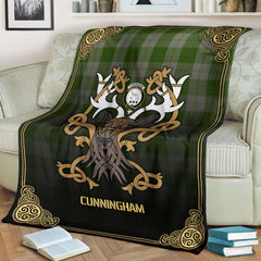 Cunningham Dress Green Dancers Tartan Crest Premium Blanket - Celtic Stag style