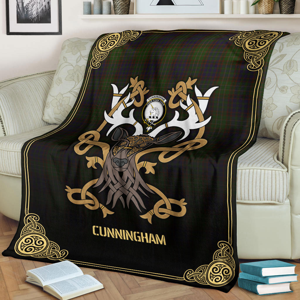 Cunningham Hunting Modern Tartan Crest Premium Blanket - Celtic Stag style