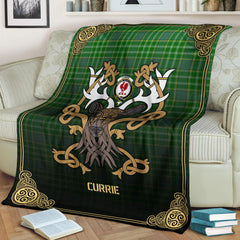 Currie or Curry Tartan Crest Premium Blanket - Celtic Stag style