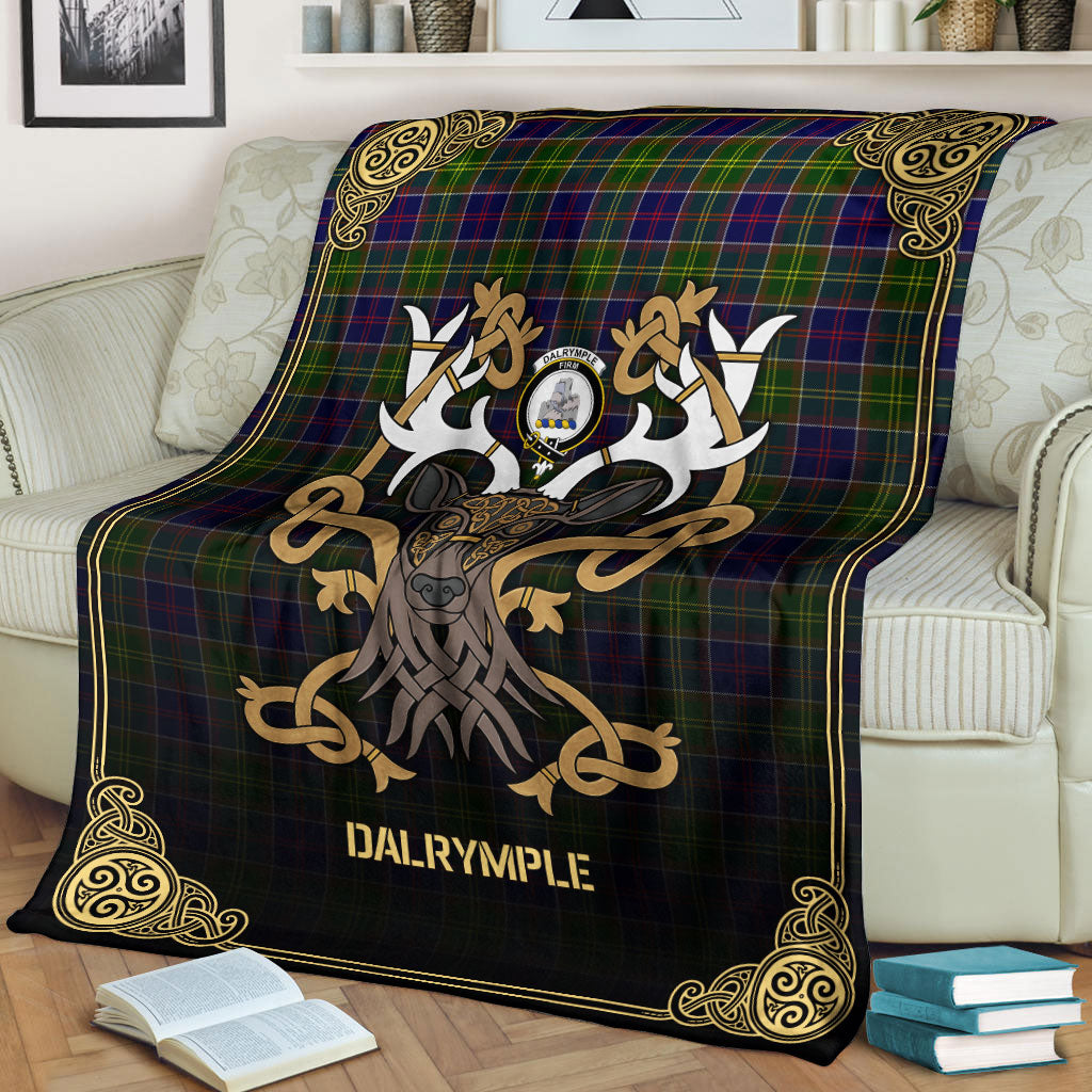 Dalrymple Tartan Crest Premium Blanket - Celtic Stag style