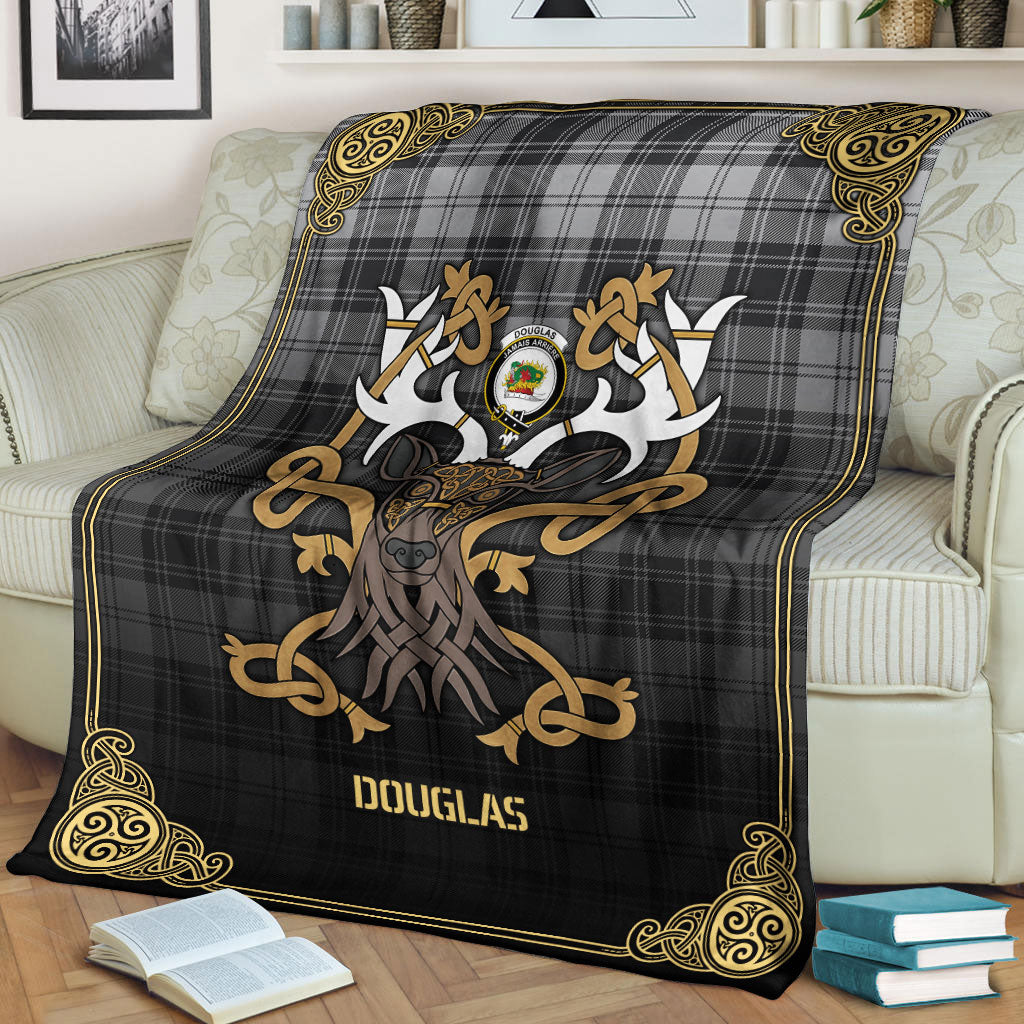 Douglas Grey Modern Tartan Crest Premium Blanket - Celtic Stag style