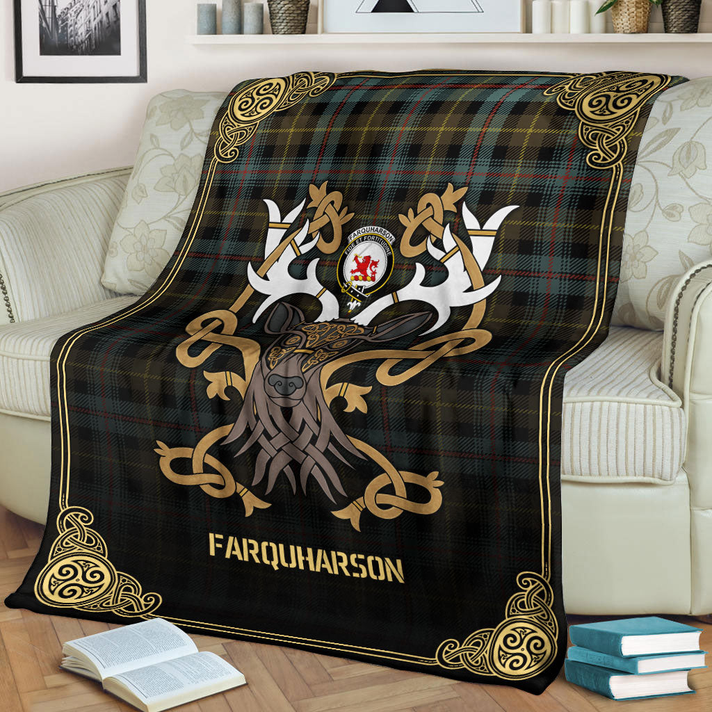 Farquharson Weathered Tartan Crest Premium Blanket - Celtic Stag style