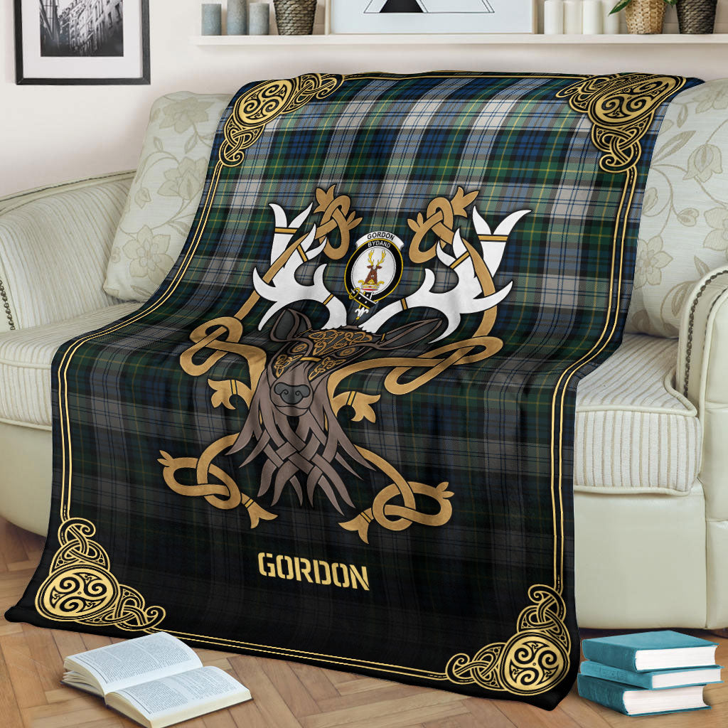 Gordon Dress Ancient Tartan Crest Premium Blanket - Celtic Stag style