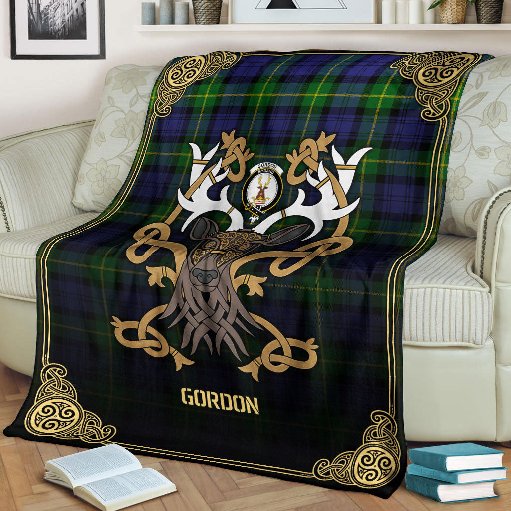 Gordon Modern Tartan Crest Premium Blanket - Celtic Stag style