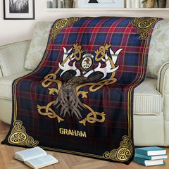 Graham of Menteith Red Tartan Crest Premium Blanket - Celtic Stag style