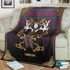 Lindsay Ancient Tartan Crest Premium Blanket - Celtic Stag style