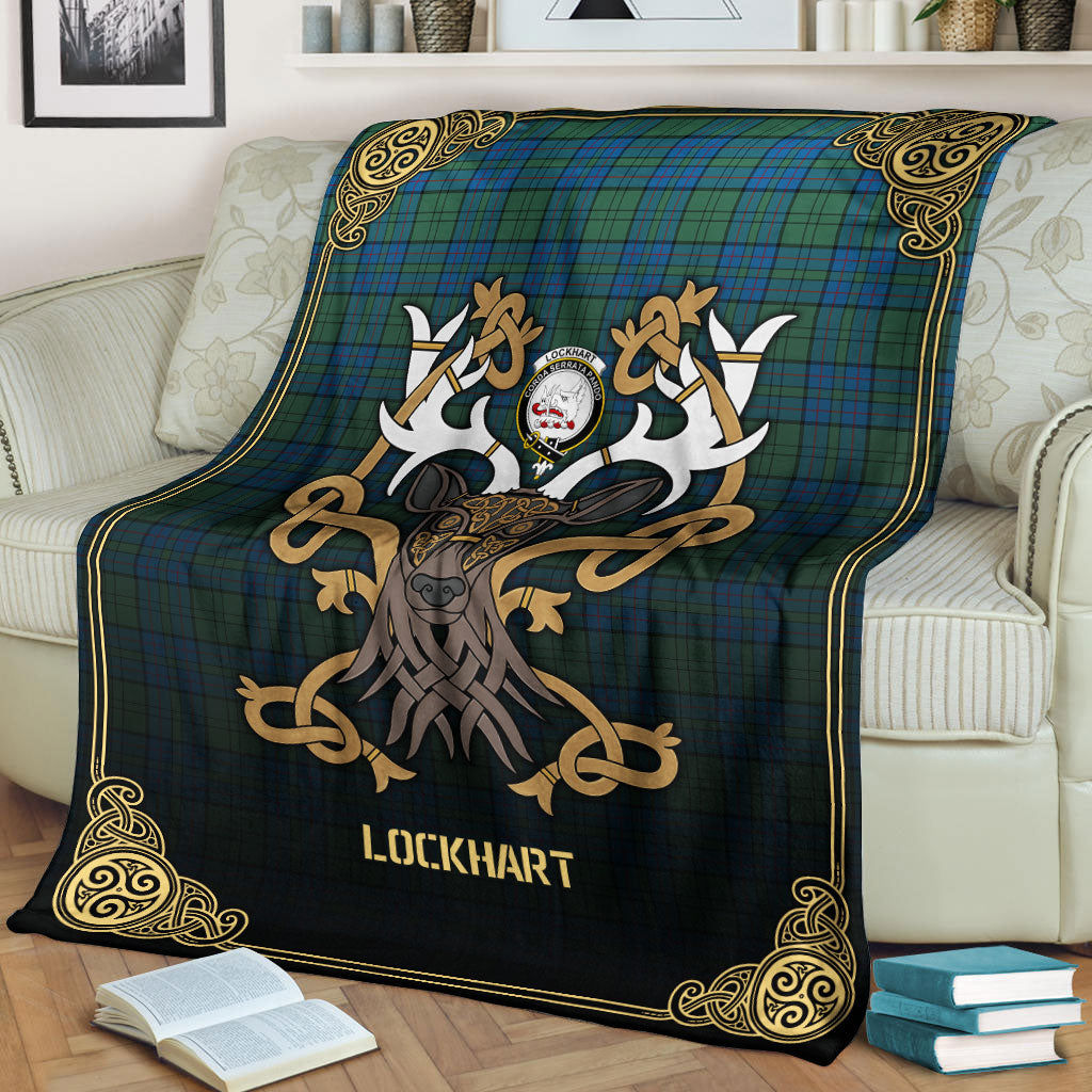 Lockhart Tartan Crest Premium Blanket - Celtic Stag style