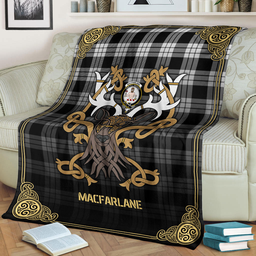 MacFarlane Black _ White Tartan Crest Premium Blanket - Celtic Stag style