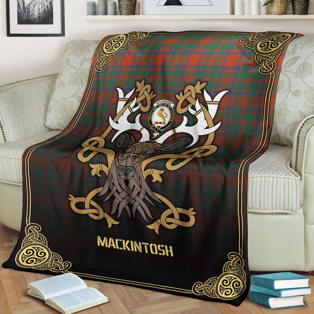 MacKintosh Ancient Tartan Crest Premium Blanket - Celtic Stag style