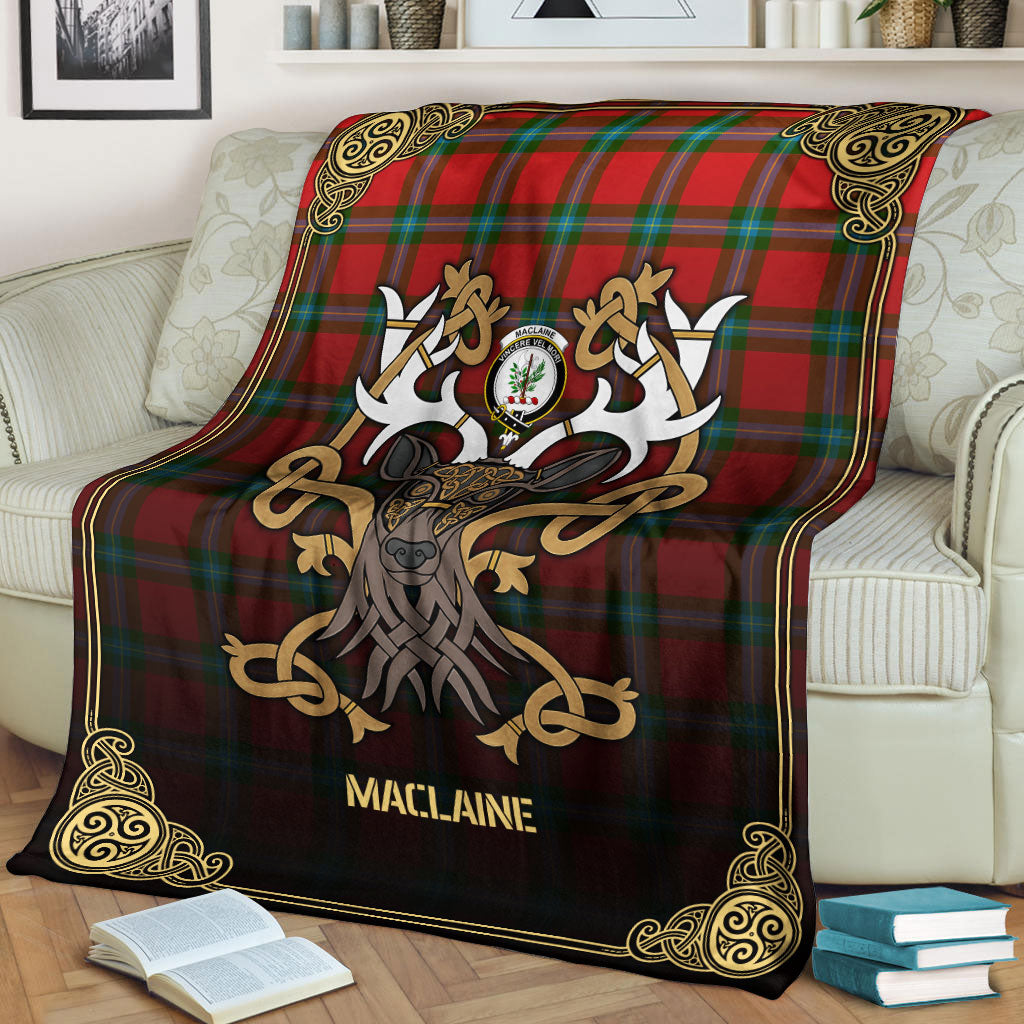 MacLaine of Loch Buie Tartan Crest Premium Blanket - Celtic Stag style