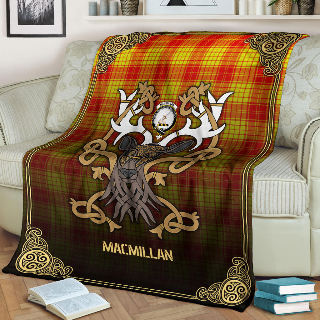 MacMillan Clan Tartan Crest Premium Blanket - Celtic Stag style