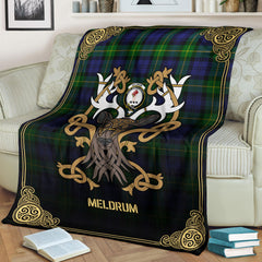 Meldrum Tartan Crest Premium Blanket - Celtic Stag style