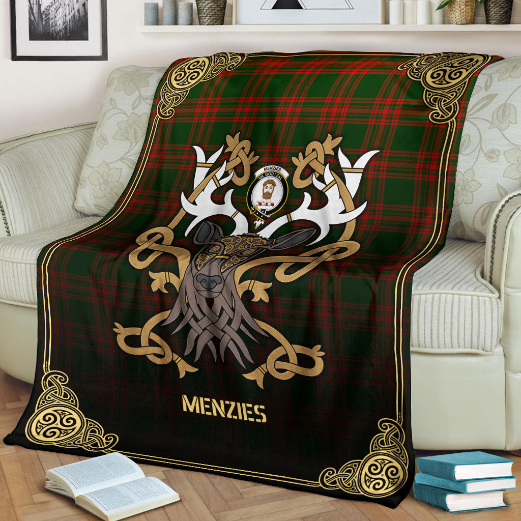 Menzies Green Modern Tartan Crest Premium Blanket - Celtic Stag style