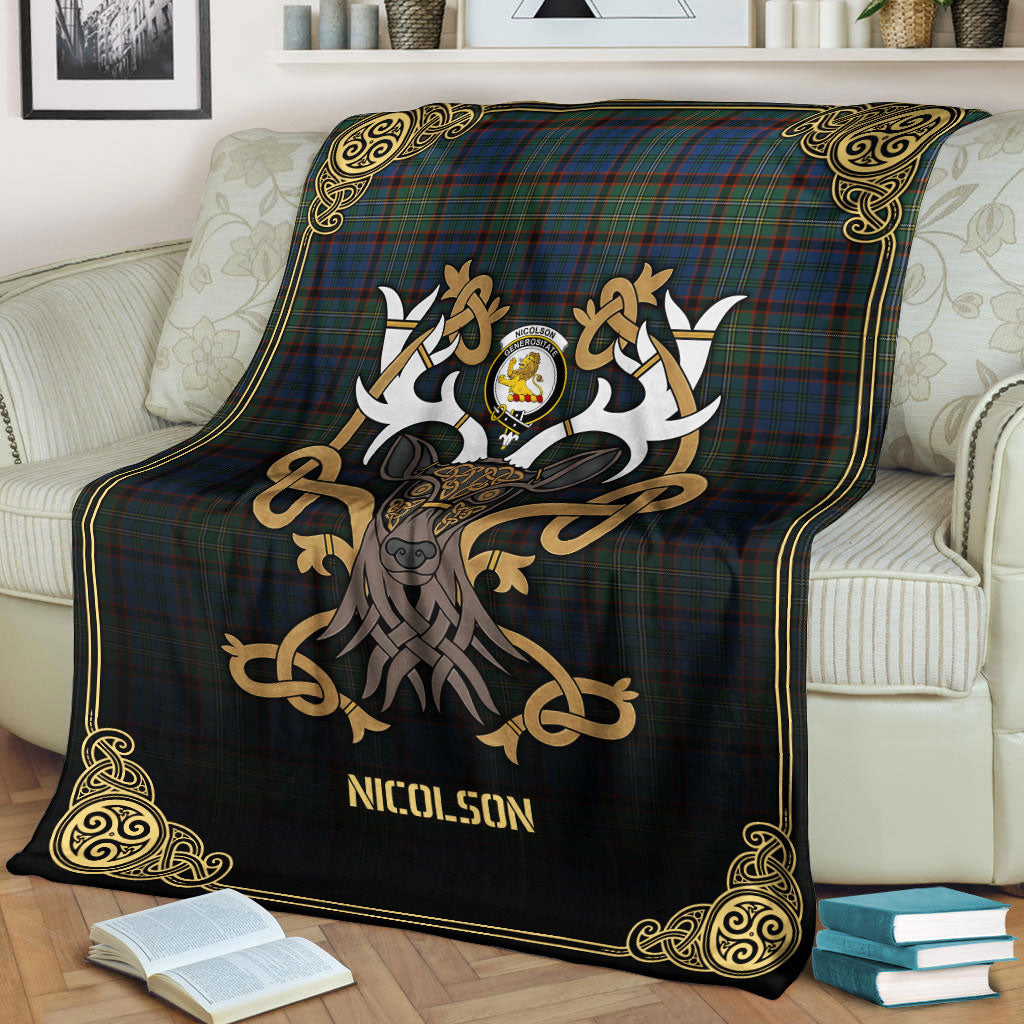 Nicolson Hunting Ancient Tartan Crest Premium Blanket - Celtic Stag style