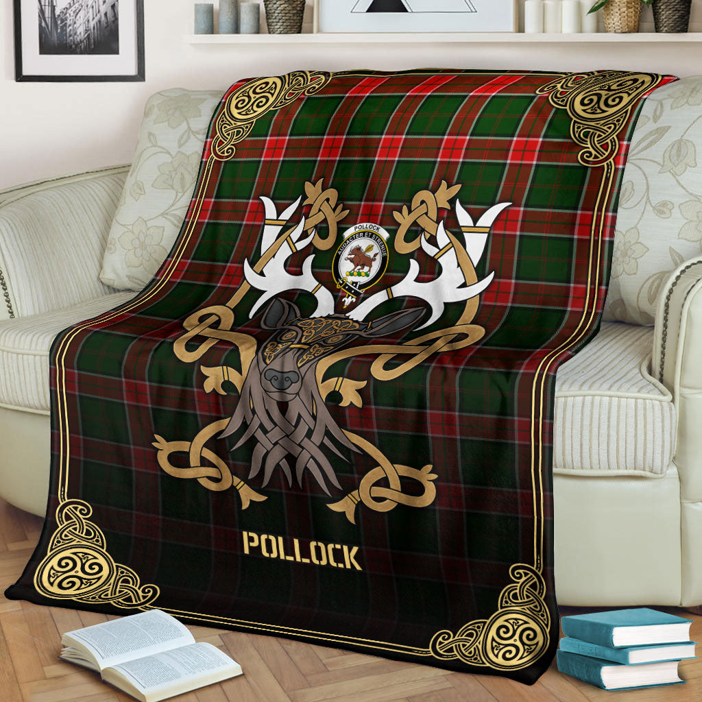 Pollock Tartan Crest Premium Blanket - Celtic Stag style