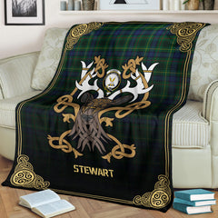 Stewart Hunting Modern Tartan Crest Premium Blanket - Celtic Stag style