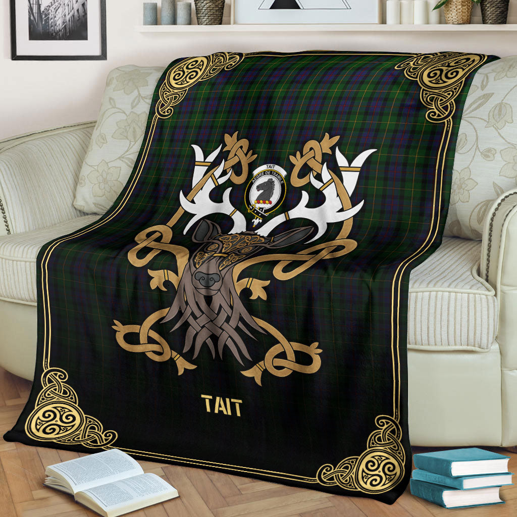 Tait Tartan Crest Premium Blanket - Celtic Stag style