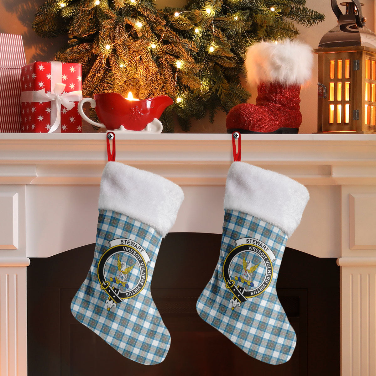 Stewart Muted Blue Tartan Crest Christmas Stocking