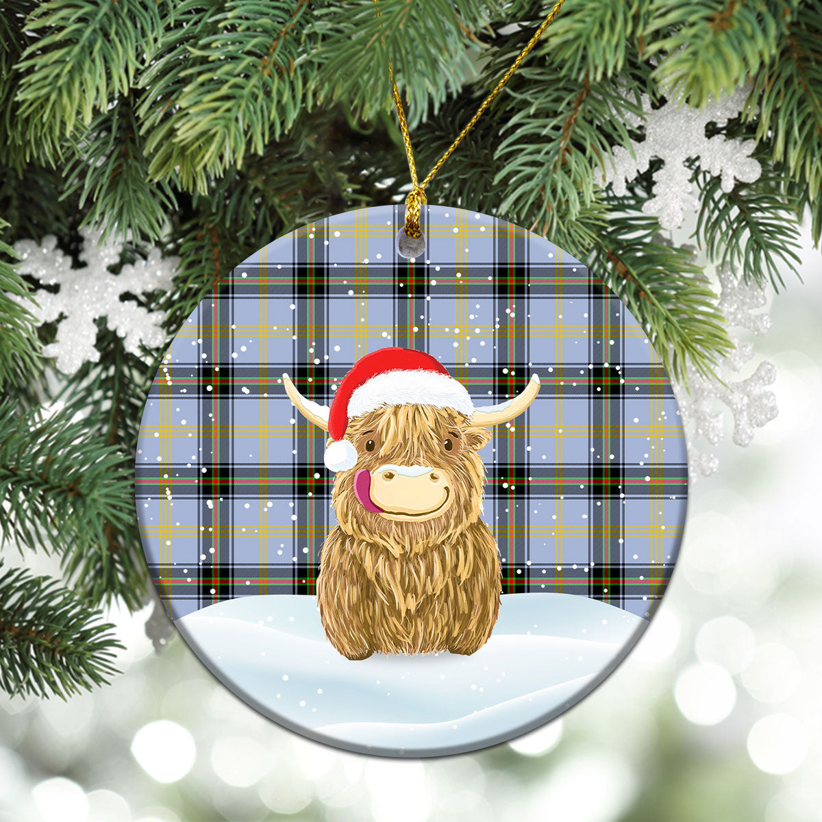 Bell of the Borders Tartan Christmas Ceramic Ornament - Highland Cows Style