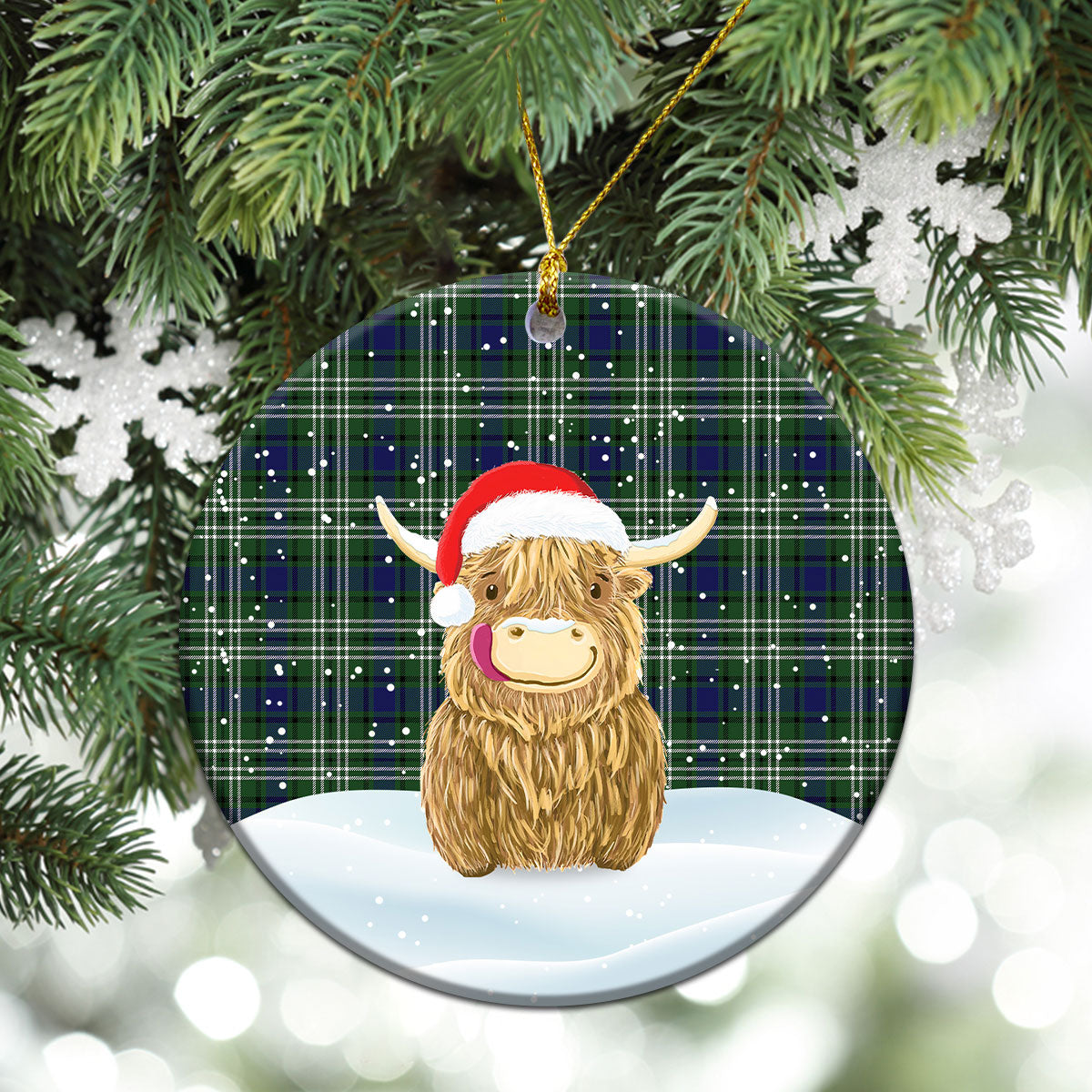 Blyth Tartan Christmas Ceramic Ornament - Highland Cows Style