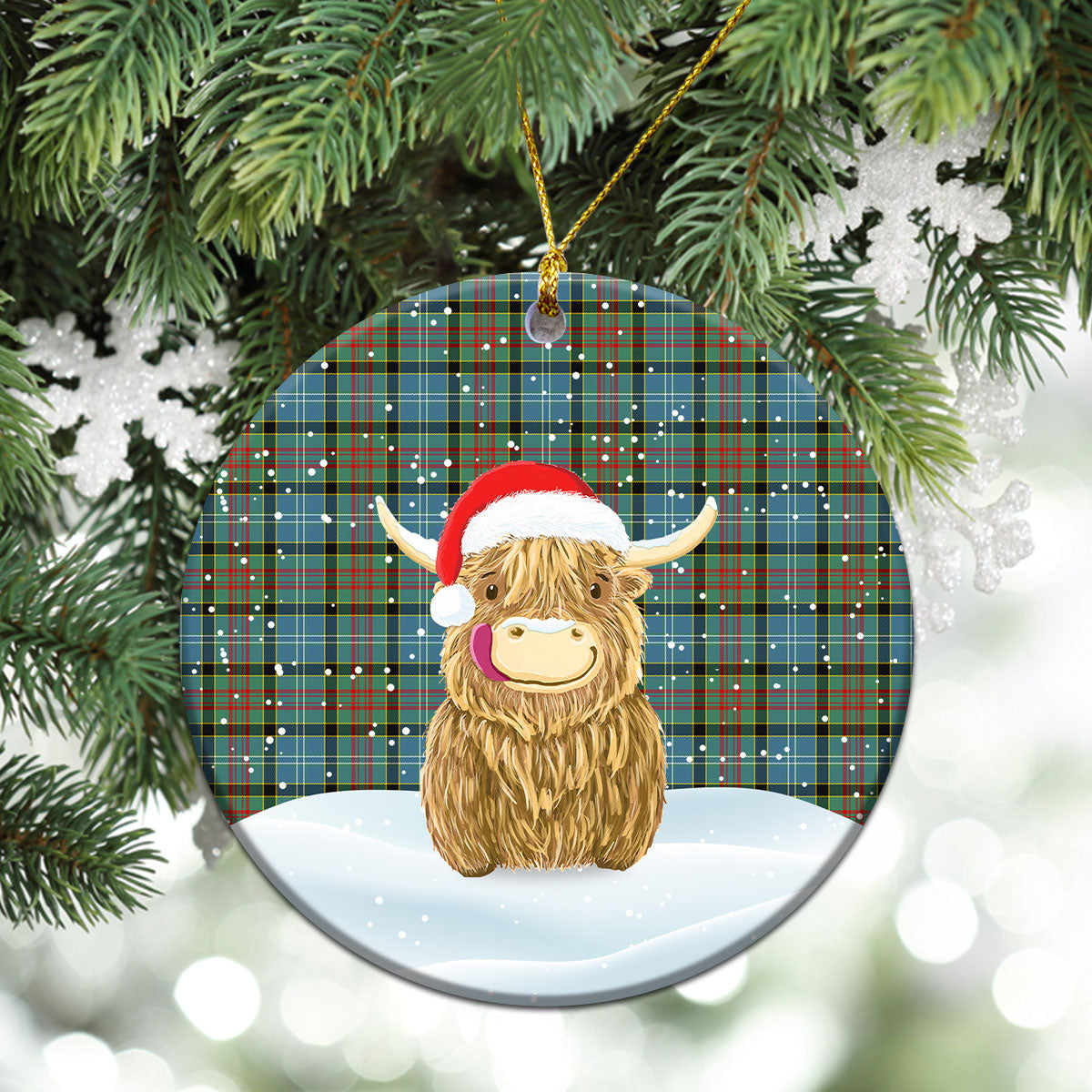 Brisbane Tartan Christmas Ceramic Ornament - Highland Cows Style