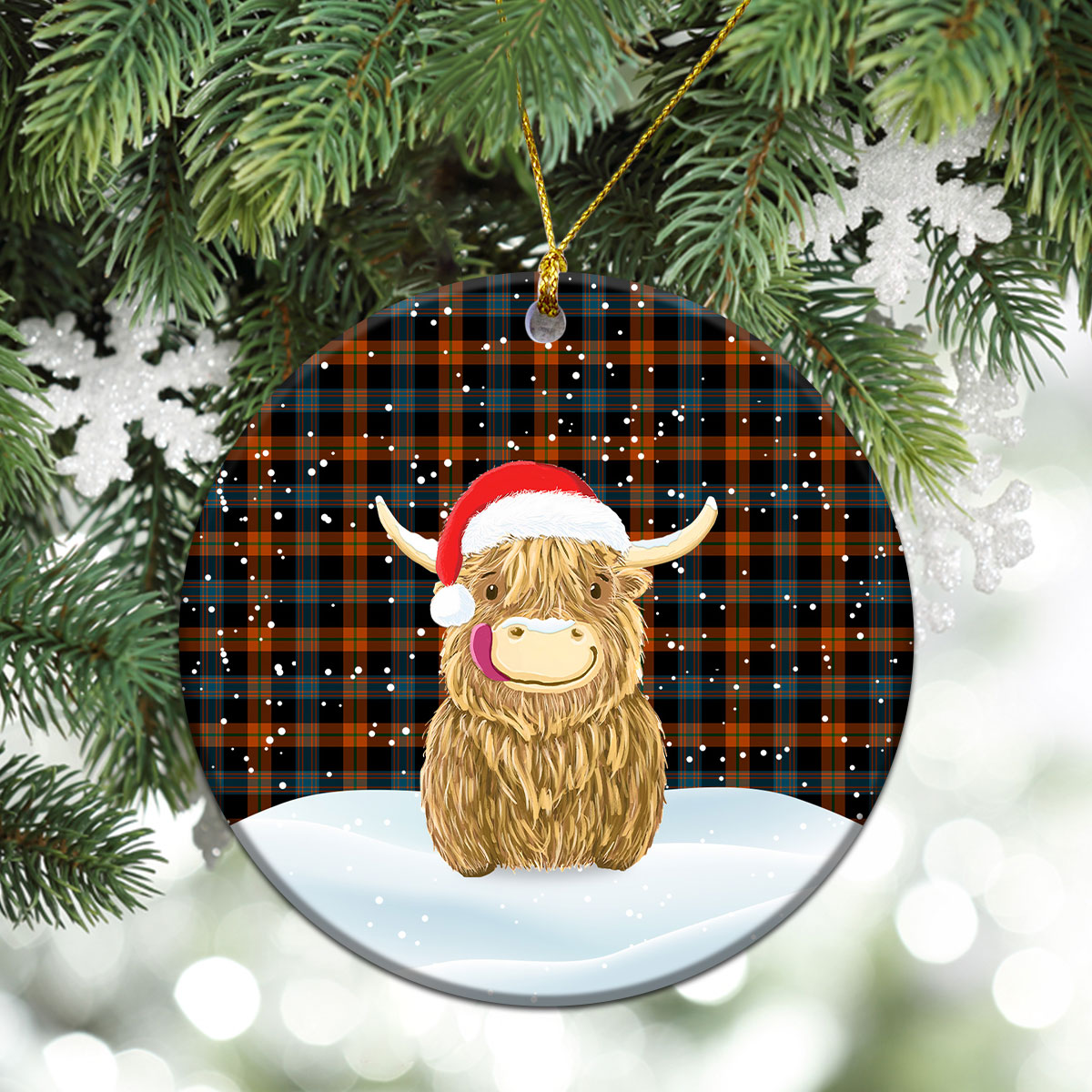 Brown Ancient Tartan Christmas Ceramic Ornament - Highland Cows Style