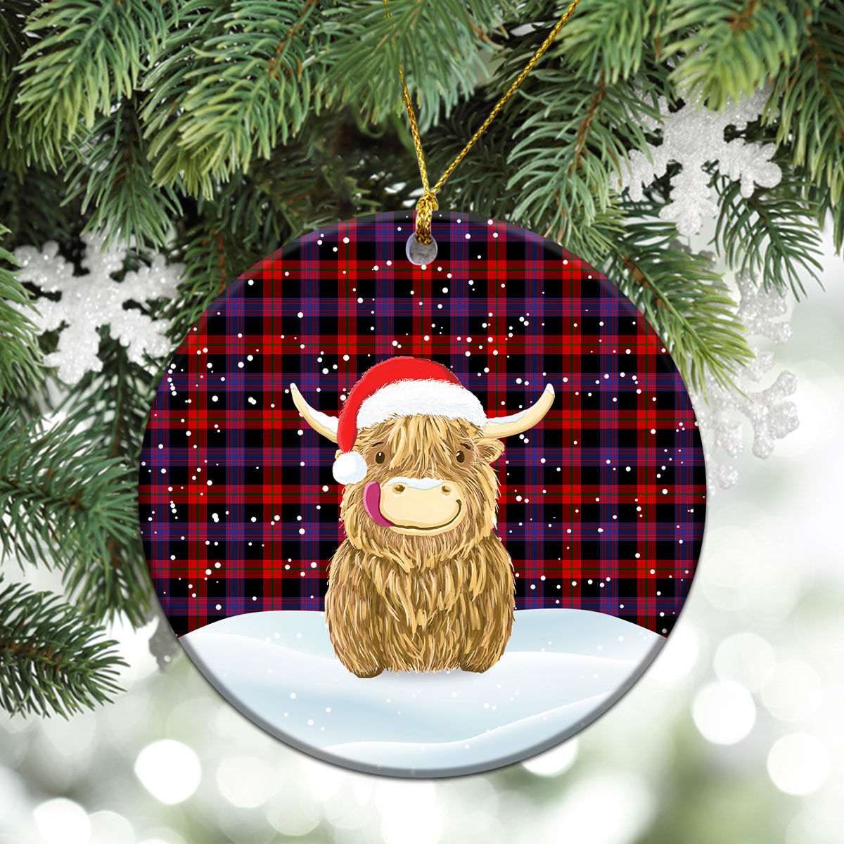 Brown Modern Tartan Christmas Ceramic Ornament - Highland Cows Style