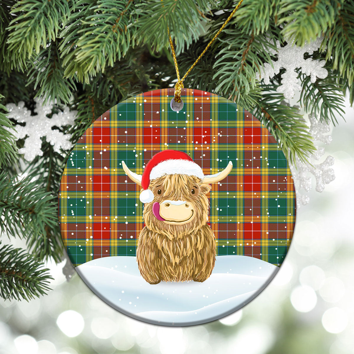 Buchanan Old Sett Tartan Christmas Ceramic Ornament - Highland Cows Style