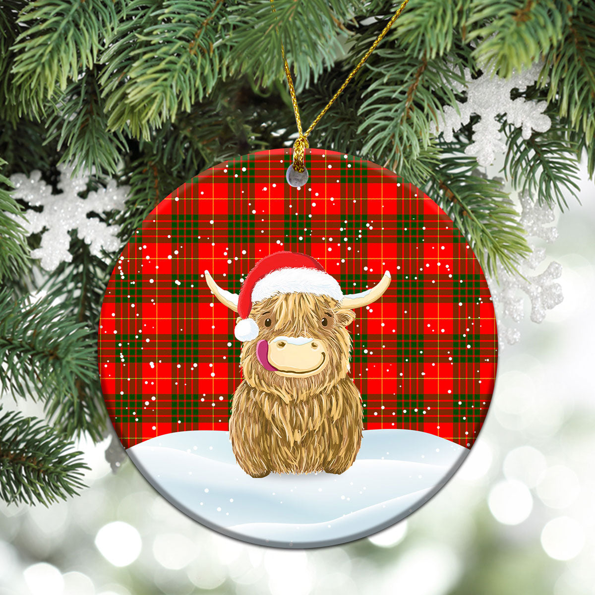 Cameron Modern Tartan Christmas Ceramic Ornament - Highland Cows Style