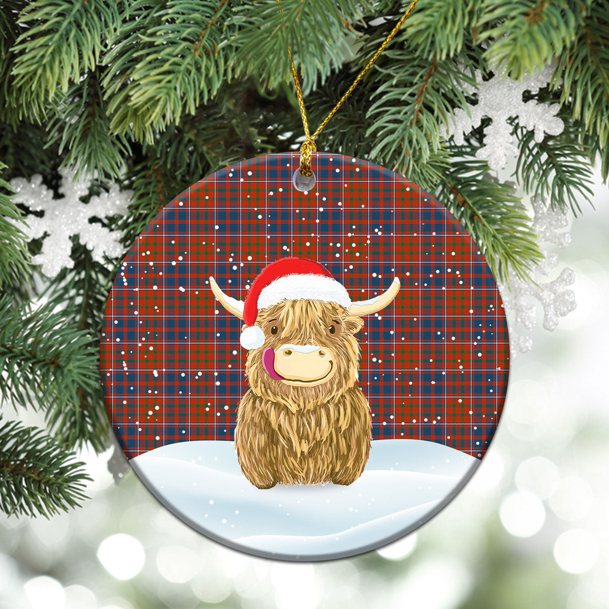 Cameron of Lochiel Ancient Tartan Christmas Ceramic Ornament - Highland Cows Style