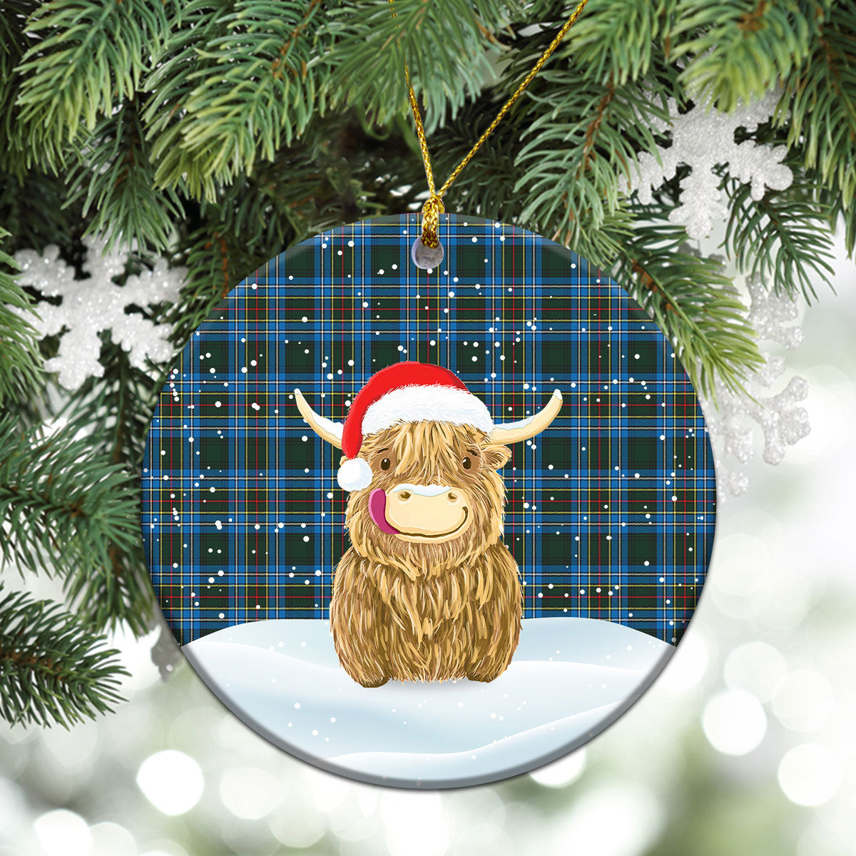 Cockburn Modern Tartan Christmas Ceramic Ornament - Highland Cows Style