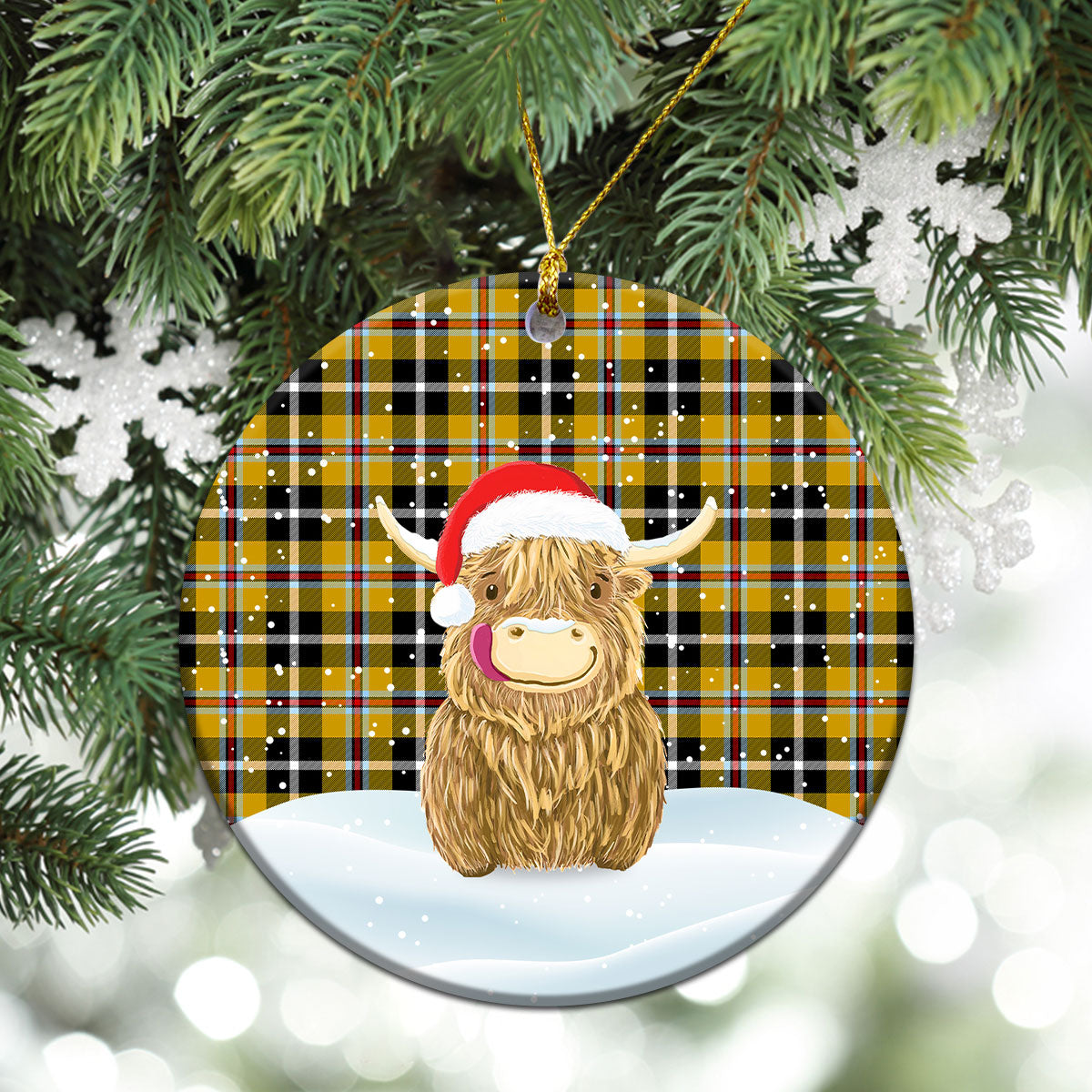 Cornish Tartan Christmas Ceramic Ornament - Highland Cows Style