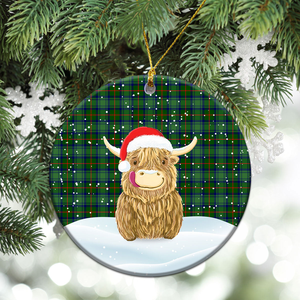 Cranstoun Tartan Christmas Ceramic Ornament - Highland Cows Style