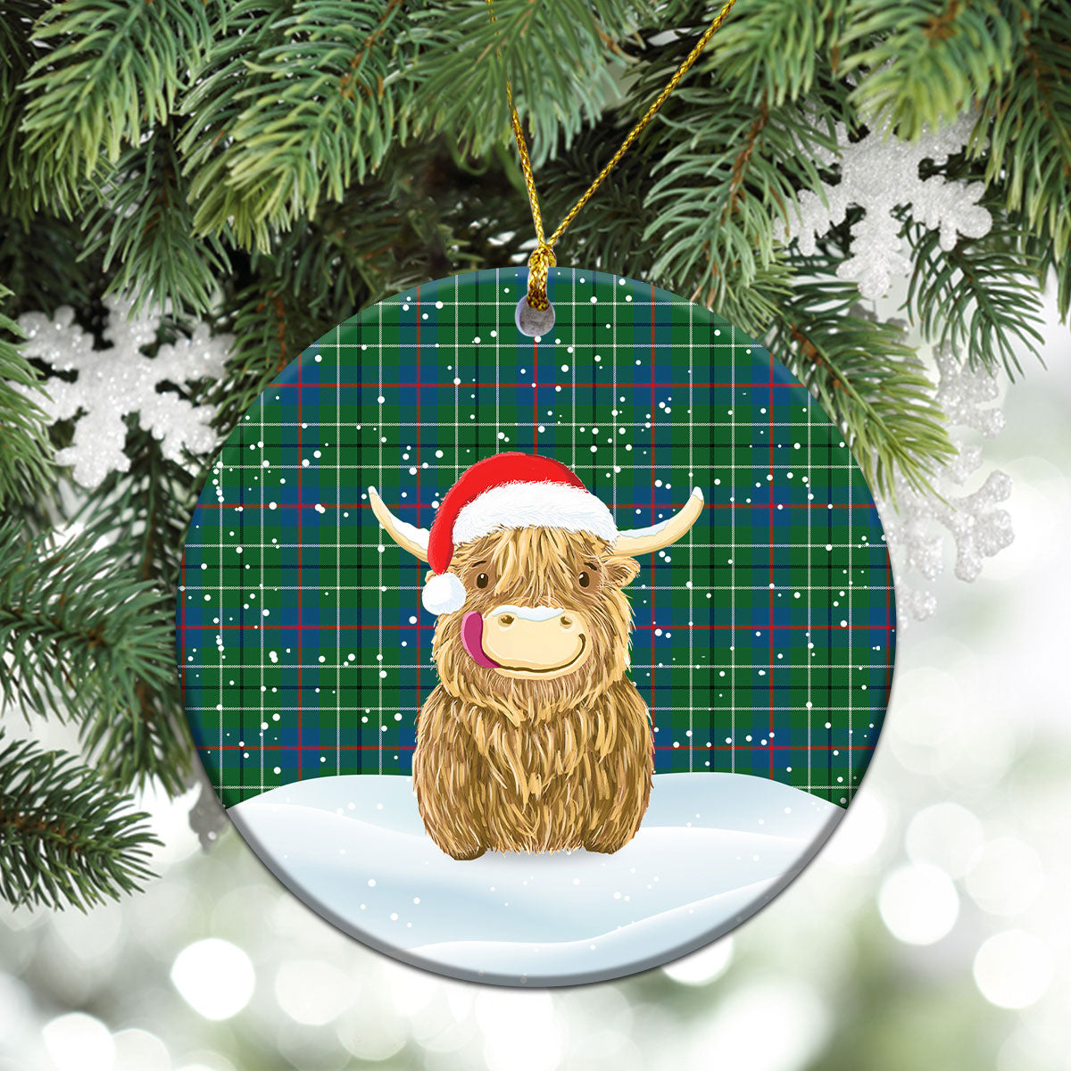 Duncanson Tartan Christmas Ceramic Ornament - Highland Cows Style