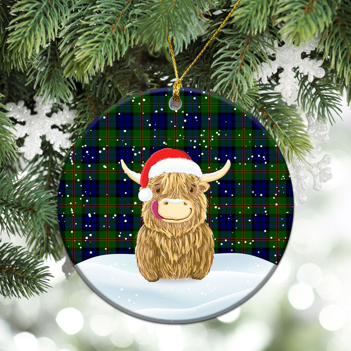 Dundas Modern Tartan Christmas Ceramic Ornament - Highland Cows Style