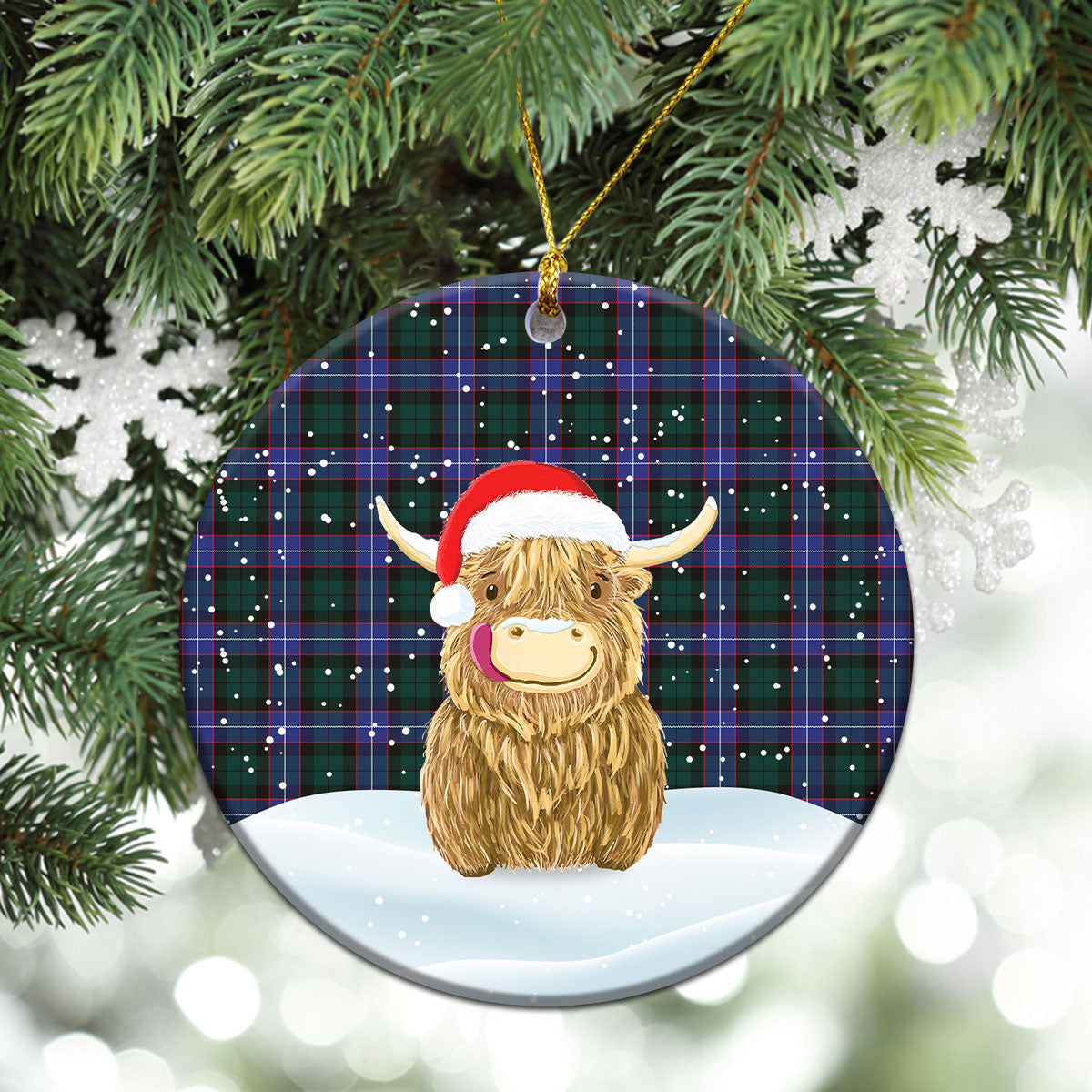 Hunter Modern Tartan Christmas Ceramic Ornament - Highland Cows Style