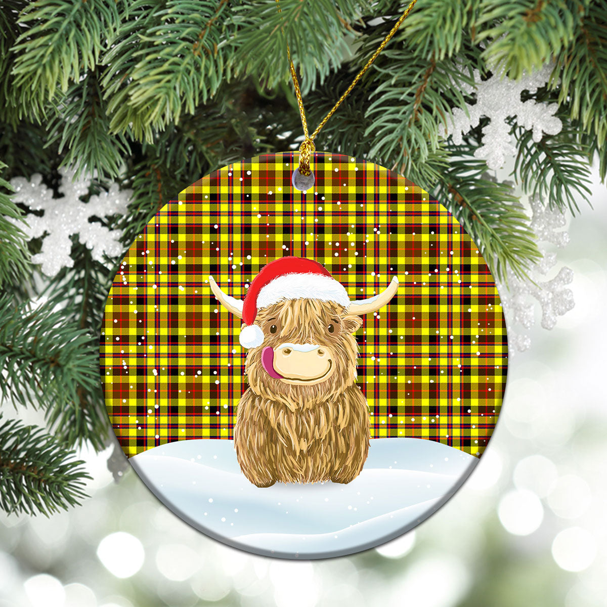 Jardine Tartan Christmas Ceramic Ornament - Highland Cows Style