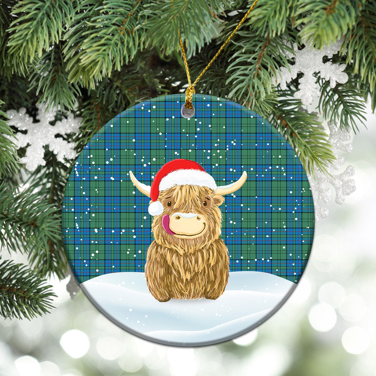 Lockhart Tartan Christmas Ceramic Ornament - Highland Cows Style