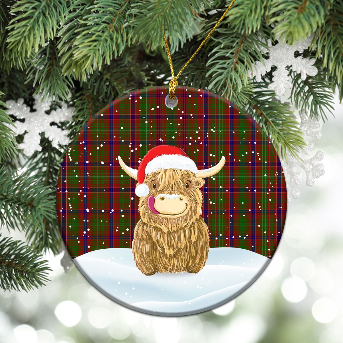 Lumsden Tartan Christmas Ceramic Ornament - Highland Cows Style