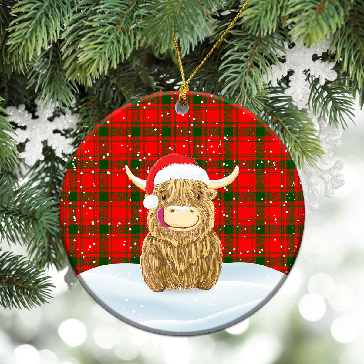 MacQuarrie Tartan Christmas Ceramic Ornament - Highland Cows Style