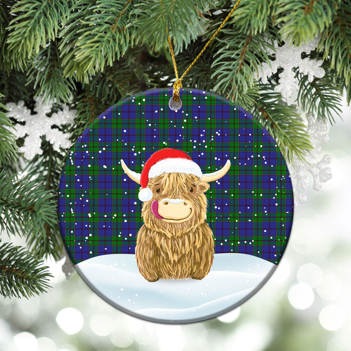 Strachan Tartan Christmas Ceramic Ornament - Highland Cows Style